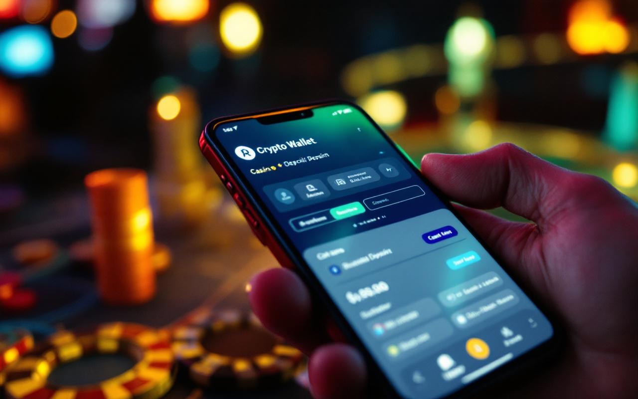 Gros plan d'un smartphone tenu en main affichant un portefeuille crypto et une page de dépôt de casino en ligne, écran lumineux avec lueur néon verte, arrière-plan de casino flou et sombre, éclairage doux doré