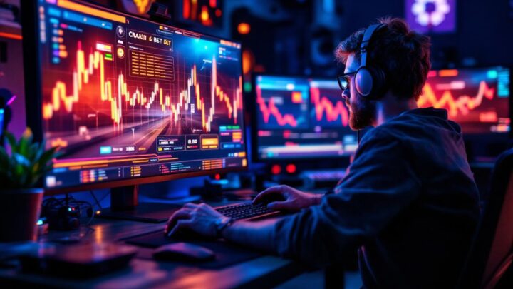 Joueur assis à un bureau en train de placer des mises en cryptomonnaies sur un écran de crash game, expression concentrée, bureau encombré avec clavier, souris et écrans secondaires affichant des graphiques, éclairage volumétrique bleu-orange, ambiance sombre et réaliste.