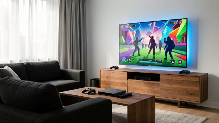Salon moderne avec une console de jeu, deux manettes sans fil et un grand écran affichant une interface de jeu multijoueur colorée sans éléments textuels.