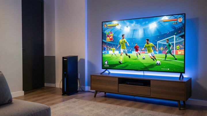 Console de jeu noire placée devant un grand téléviseur 120 Hz affichant une scène d’aventure colorée et un match de football dans un salon moderne.