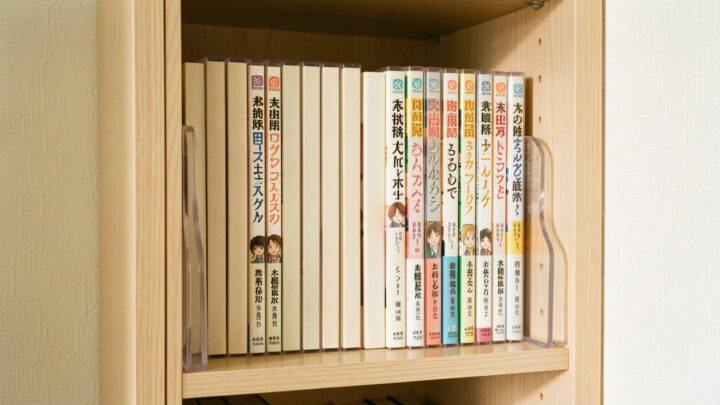 Étagère compacte où des mangas aux couvertures neutres sont rangés verticalement et protégés par des pochettes transparentes, dans un petit espace soigneusement optimisé.