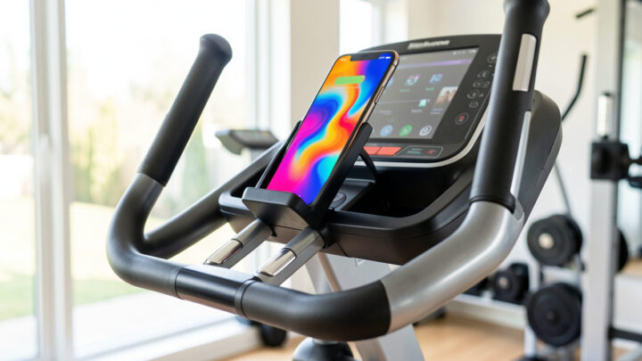 Support pour smartphone fixé solidement au guidon d’un vélo elliptique dans une salle de sport à domicile.