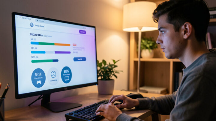 Jeune homme comparant plusieurs offres visuelles de précommande d’un jeu vidéo sur un ordinateur dans un bureau moderne.